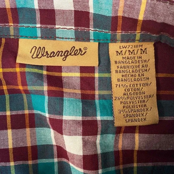 Wrangler Western Shirts Pearl Snap Men Medium Red Plaid Long Sleeve Cotton Blend - Picture 9 of 9